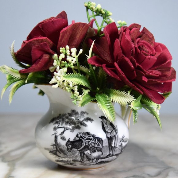 Vintage porcelain Royal Chelsea farm scene upcycled creamer w/Sola wood flowers - Picture 1 of 6